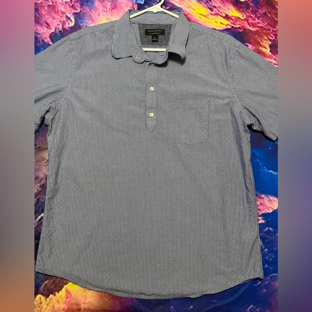 Banana Republic Men's Navy Striped Half Button Down Dress Shirt